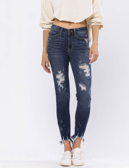 Mid-Rise Destroyed Hem Shark Bite Skinny Jeans